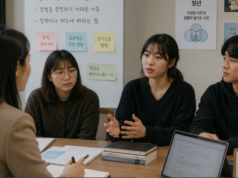 ▲ 청년 정책 연구를 위한 심층 인터뷰에 참여한 청년이 자신의 준비 과정과 경력 공백 경험에 대해 이야기하고 있다. 최근 청년층에서는 창작·학습·프로젝트 준비 등 결과로 환산되지 않은 활동이 늘고 있지만, 상당수는 제도상 '경력 없음' 또는 '쉬었음'으로 분류된다. [사진=생성형 AI]
